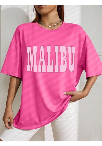 Malibu T-shirt - Pembe Baskılı Oversize Bisiklet Yaka Kısa Kol Tişört Pembe