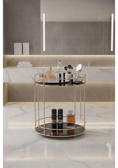 Usta Mekan Gold 2 Katlı Banyo Kozmetik Takı Düzenleyici, Çok Amaçlı Organizer ,servis Sunum Tepsisi, Ikramlık Altın