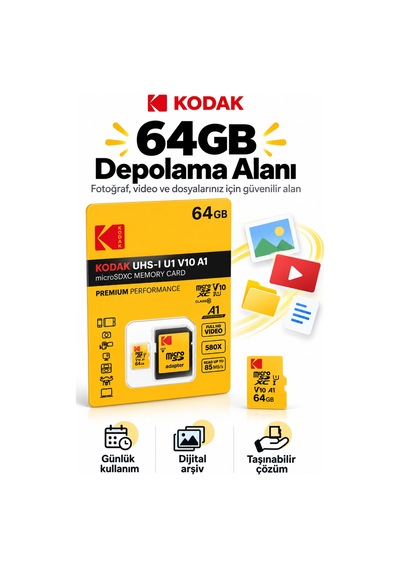 64gb Microsdxc Hafıza Kartı Uhs-ı U1 V10 A1 85 Mb/s Full Hd Sd Adaptörlü