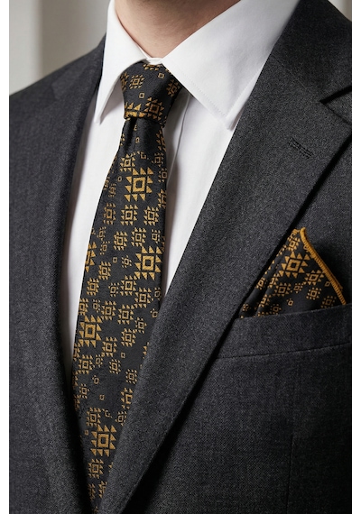 Milleniva Motif Desenli Siyah Gold Kravat & Mendil