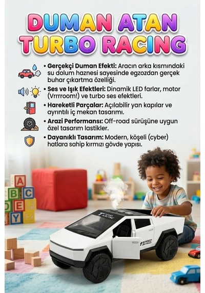 Tesla Cybertruck Tarzında 3 Buton Fonksiyonlu Duman Atan Işıklı Sesli Kapısı Açılan Oyuncak Araba Beyaz