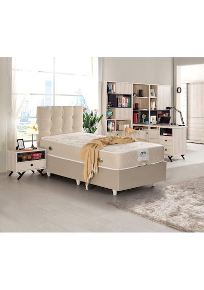 Azrayatakmobilya Yakut Tek Kişilik Yatak Baza Başlik Mdf+Profil+Özel Kumaş Krem