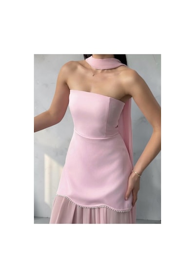 Fleurs Chic Şifon Detaylı Straplez Abiye Elbise Pembe