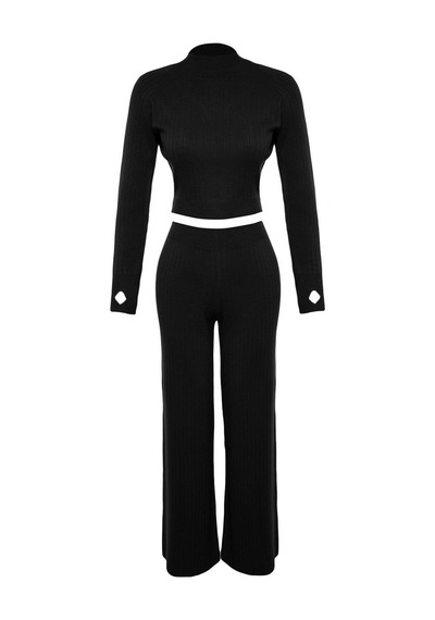 Ersefa Tarz Kadın Modern Moda Normal Bel Boru Paça Dik Yaka Crop Parmak siyah
