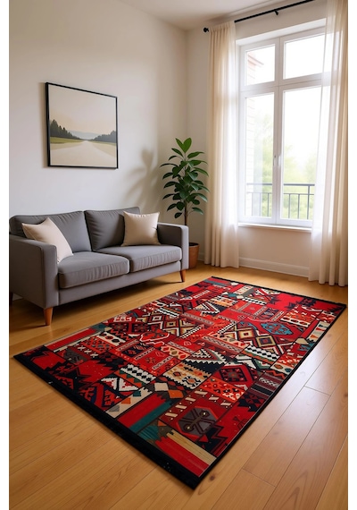 Blghome Patchwork Desenli Modern Halı Dekoratif Kilim Kırmızı - Siyah