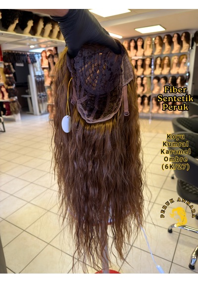 Afro Su Dalgası Peruk Fiber Sentetik Koyu Kumral Karamel Ombre