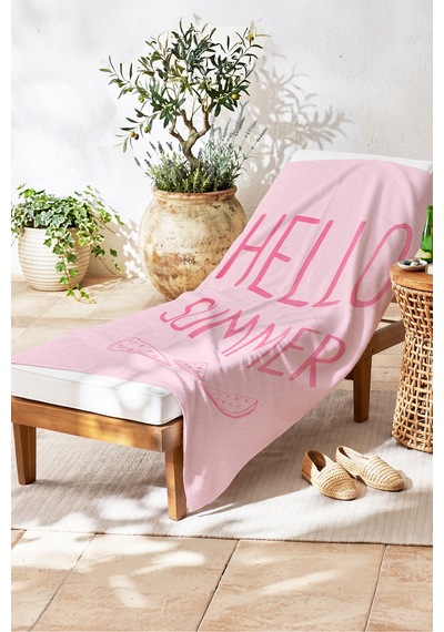 Hello Summer Yazılı Karpuz Temalı Pembe Plaj Havlusu - Tropikal Modern Pastel Banyo Sahil Örtüsü Çok Renkli