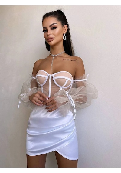 Havens Rosalıne Tül & Saten Detaylı Elbise BEYAZ