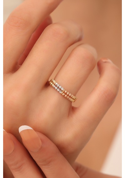 14 Ayar Altın Minimal Çift Sıralı Renkli Dorika Yüzük Sarı Altın