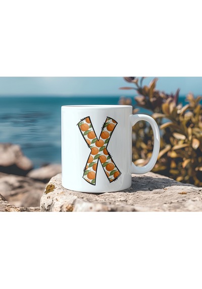 X Harfi Kupa Bardak - Portakal Mandalina Desenli - Meyve Temalı Çay Kahve Kupası Beyaz