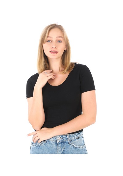 V Yaka Slim Fit Crop Tişört-siyah Siyah