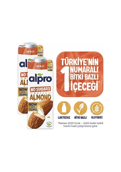 Alpro Şekersiz Badem Sütü 2x1 L Vegan Laktozsuz Bitkisel Bazlı
