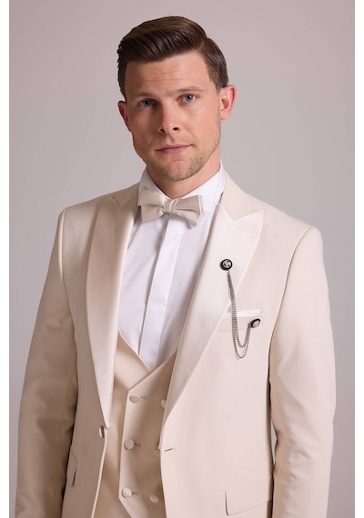 Ysf Erkek Krem Slim Fit Kırlangıç Yaka Yelekli Damatlık