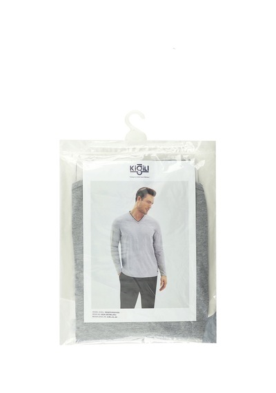 Kiğılı Çift V Yaka Jakar Lastikli Desenli Pamuklu Pijama Takımı Hsszyvkg21008 Açık Gri Melanj