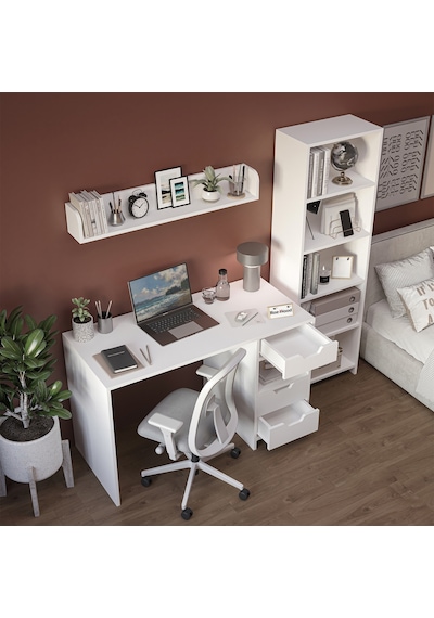Trio Kitaplıklı Çalışma Masası Beyaz