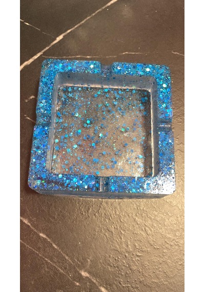 Şeffaf Renkli Mavi Glitter Ve Sim Süslemeli Kare Şekil Dekoratif Kül Tablası Küllük El Yapımı Epoksi Hediyelik