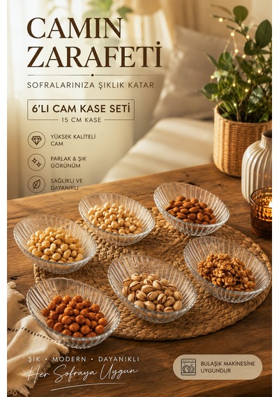 Porsima Suga 4472 6'lı Oval Cam Kase Seti 15 Cm Çerezlik, Reçellik, Kahvaltılık Ve Sosluk