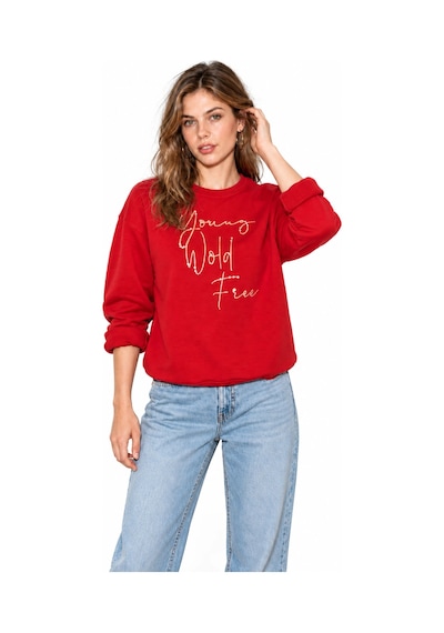 Mevese Kadın Parlak Taş Baskılı Salaş Kesim Üç İplik Sweatshirt - Kırmızı