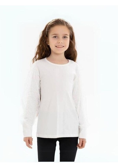 Kız Çocuk Kolları Tül Puantiye Detaylı Bluz-14354 Ekru