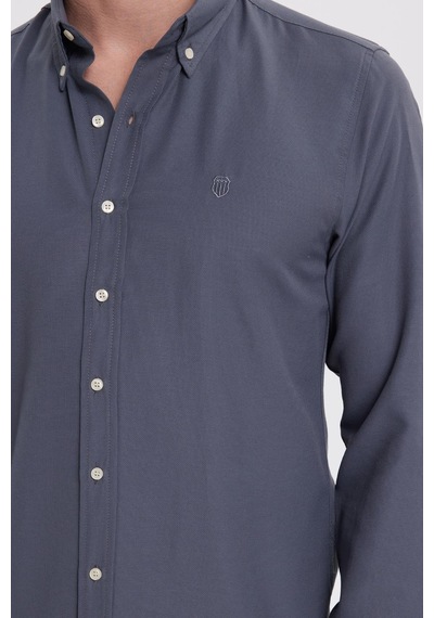 Tudors Erkek Slim Fit Dar Kesim Düz Oxford Armalı Yaka Düğmeli Antrasit Spor Gömlek-42009 Antrasit