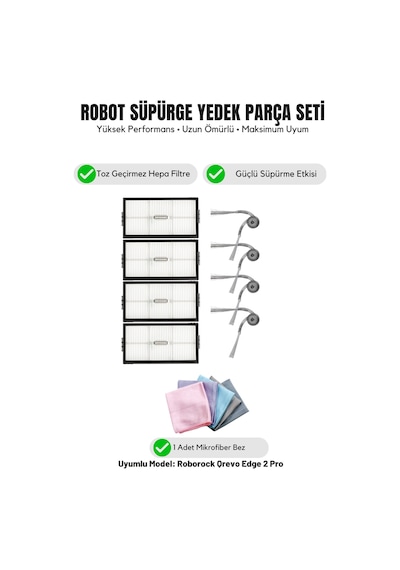 Roborock Qrevo Edge 2 Pro İle Uyumlu 4 Yan Fırça 4 Filtre 1 Temizlik Bezi 10.0