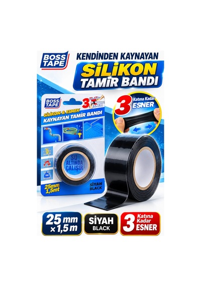 Kendinden Kaynayan Silikon Tamir Bandı Siyah 25 Mm 1,5 M 3 Kat Esnek, 8000 V Yalıtım