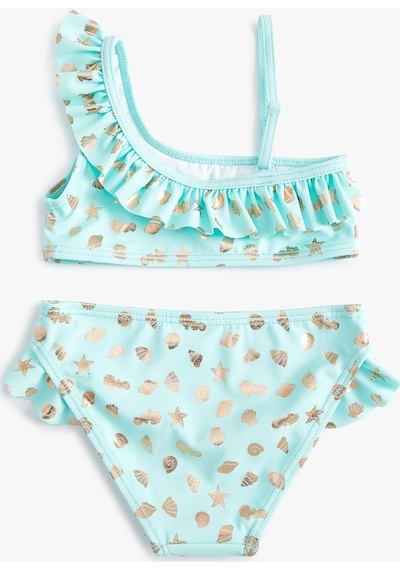 Koton Bikini Takımı Parlak Baskılı Fırfırlı Tek Omuz İnce Askılı Mavi 4skg00003mm Mavi