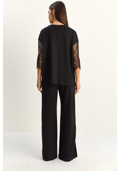 Shade Kadın Kolları Dantelli Oversize Basic T-shirt Beli Lastikli Bol Pantolon Alt-üst Modal Takım 4115 60286085 - Siyah