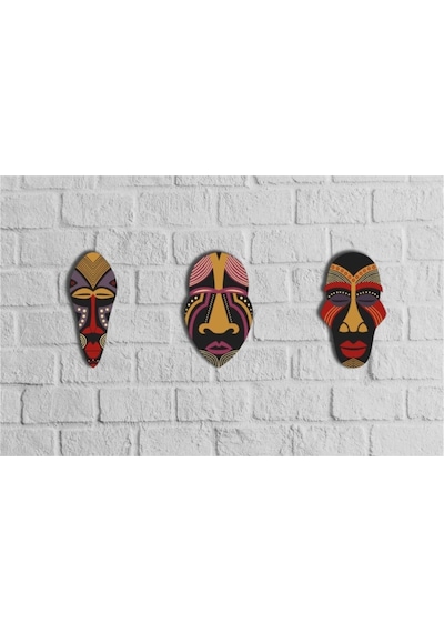 Dekoratif Üçlü Ahşap Tablo Otantik Maske Kabile Mask Süs