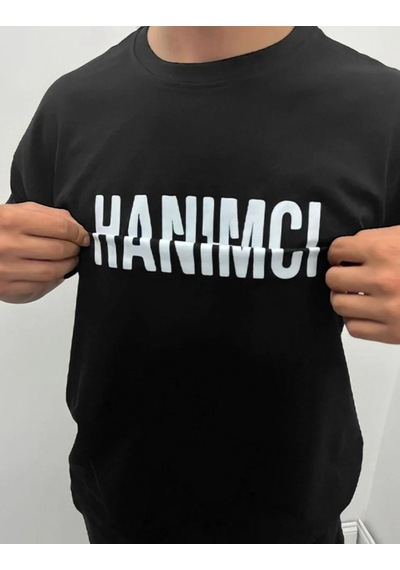 Erkek Tişört Kısa Kol Bisiklet Yaka Katlanan Hanımcı Baskılı T-shirt - Siyah