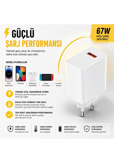 67w Hızlı Şarj Adaptörü Usb Çıkışlı Kablo Dahil Type-c Uyumlu Hızlı Şarj Cihazı Güvenli Şarj Başlığı Beyaz
