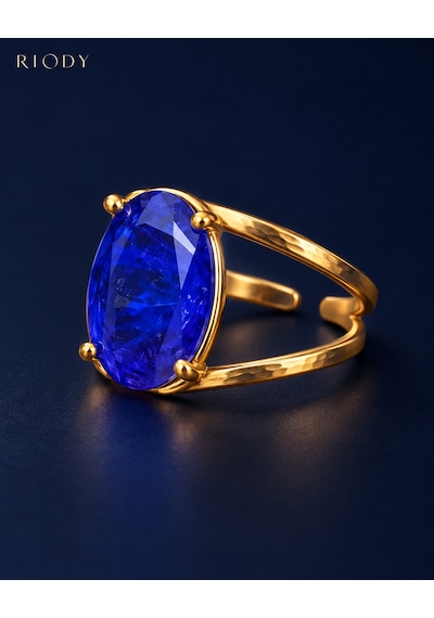Riody Regard Bleu Gold Kaplama Mavi Kedi Gözü Doğal Taşlı Ayarlanabilir Kadın Yüzük Altın - Mavi