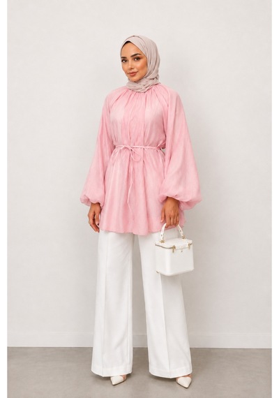 Miss Meliss Astarlı Balon Kol Pinters Gomlek Pembe Pembe