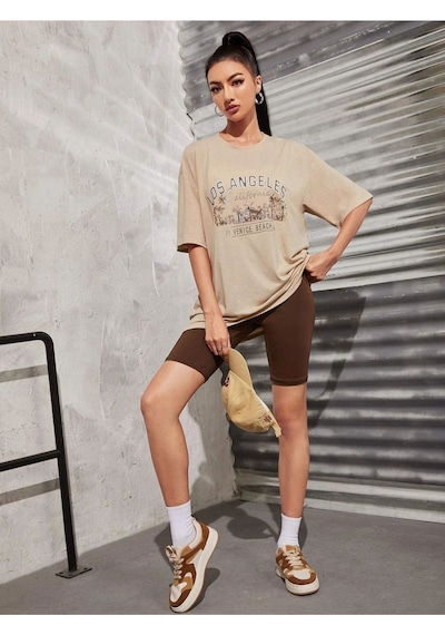Flood Of Style Kadın Bej Los Angeles Baskılı Oversize Bisiklet Yaka Tshirt
