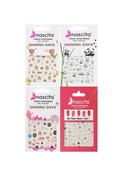 4 Lü Tırnak Sticker Seti Nail Art Yapıştırma Panda, Ayıcık, Tatlı, Aşk Kolay Uygulama