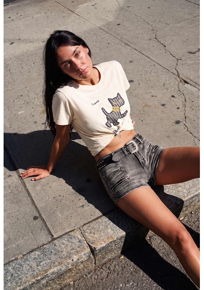 Kadın Bej Bol Kesim Köpek Nakışlı Özel Tasarım T-shirt Sarı