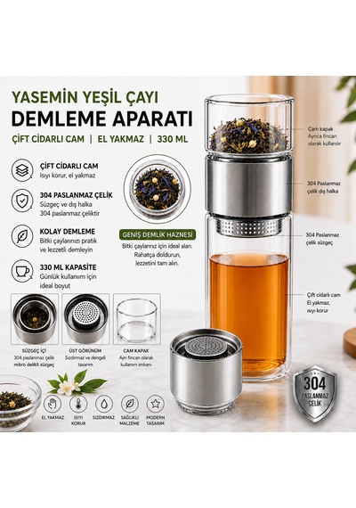 Muzeko 330ml Çift Katlı El Yakmayan Isıyı İçinde Tutan Cam Bardak Detox Bitki Çayı Demleme Ihlamur Demliği Bitki Çayı Demleme Tüm Bitki Çaylar İçin Uygundur Grı Gri - Şeffaf