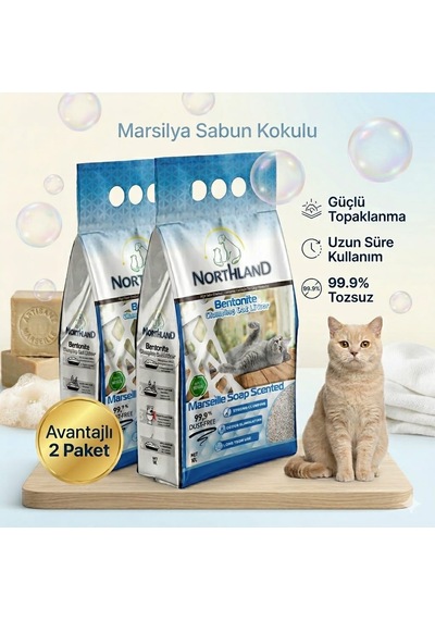 Northland Doğal Bentonite- Süper Topaklanan Marsilya Sabun Kokulu Kedi Kumu 10 Lt X 2 Adet