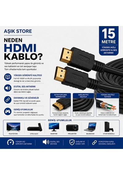 Hdmı Kablo 15 Metre Full Hd 1080p 4kx2k Yüksek Hızlı Görüntü Ve Ses Aktarım Kablosu Altın Kaplama Konnektör Pvc Dış Kılıf