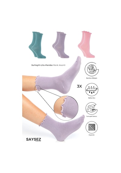 Saysez Bambu Kadın Lastiksiz Pembe-lila-yeşil Fırfırlı Soket Dikişsiz Çorap 3'lü Paket / Iz Bırakmaz Renkli