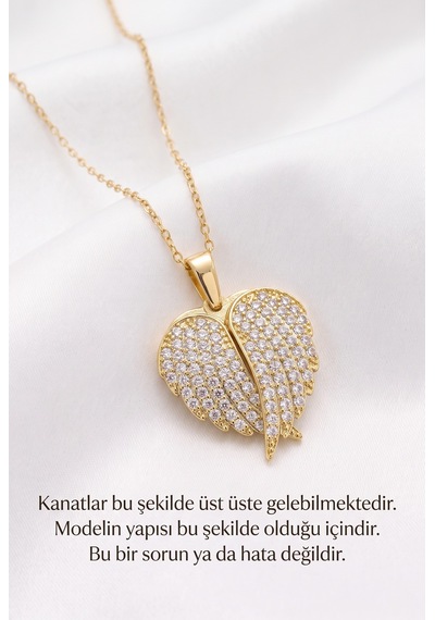 Kişiye Özel İsim Yazılı Zirkon Taşlı Açılabilir Kanatlı Kalpli Çelik Bayan Kolye Eck81 Sarı