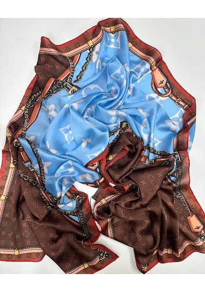 Miorel Scarfs Premium Kalite Lv Desen Vual İpek Şal Yeni Sezon Silk Scarfs Shawl Hijab Fular Bakır Kahverengi