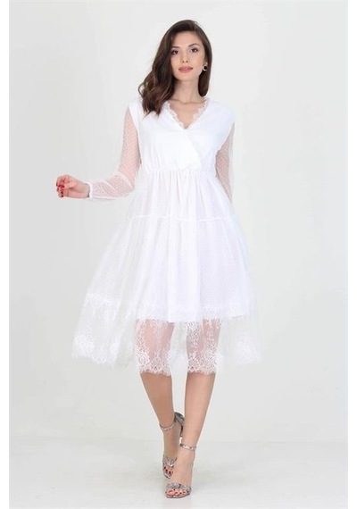 Dip Moda Kadın Kruvaze Yaka Eteği Güpürlü Elbise Dpnb0010 Beyaz