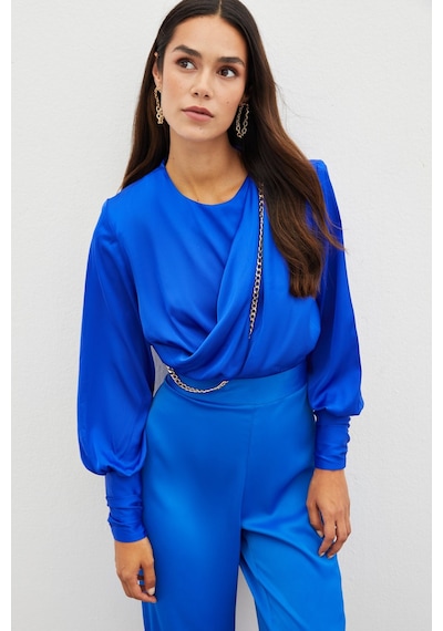 Sateen Ön Zincirli Saten Bluz - Sax Mavi