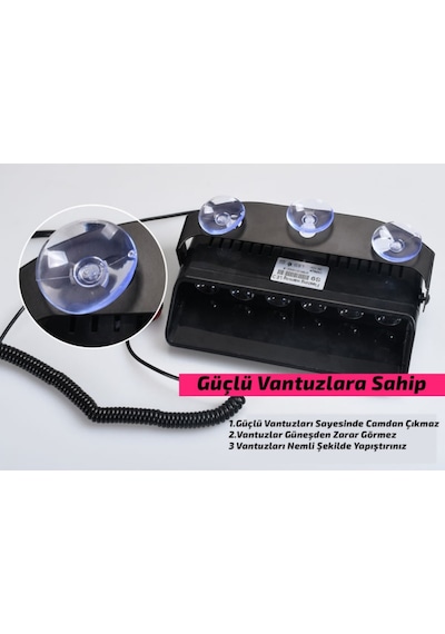 S6 Polis Çakar Lamba Cam Içi Vantuzlu 6 Led Kırmızı Mavi Çakmaklık Girişli 12 Mod Polis Lamba