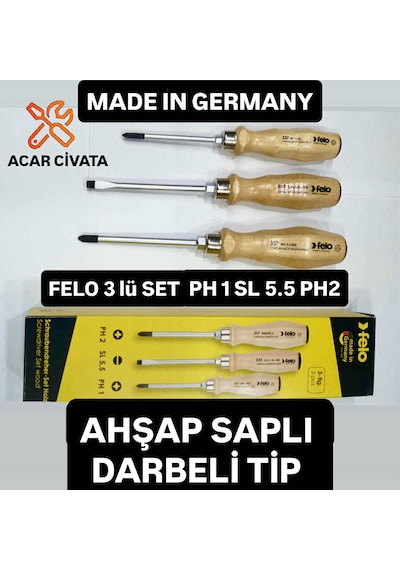 Felo 3lü Takım Ağaç Saplı Tornavida Sapı Darbeli Model Çekiç Vurulabilir Made In Germany