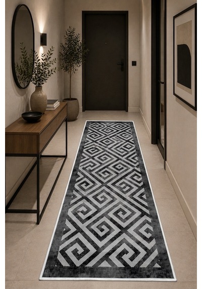 Gri Geometrik Desen Baskılı Yıkanabilir Kaymaz Taban Salon Oturma Odası Antre Halısı Yolluk