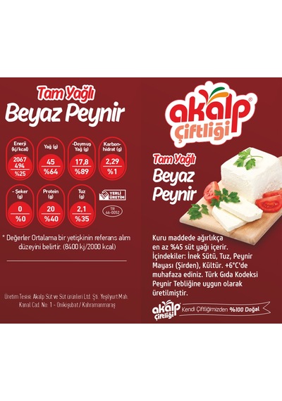 Akalp Çiftliği Tam Yağlı Beyaz Peynir 500 G