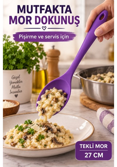 Tekli Mor Büyük Boy Silikon Kaşık 27 Cm Mutfak Yemek Pişirme Ve Servis Kaşığı Evde Yemek Sunumu İçin