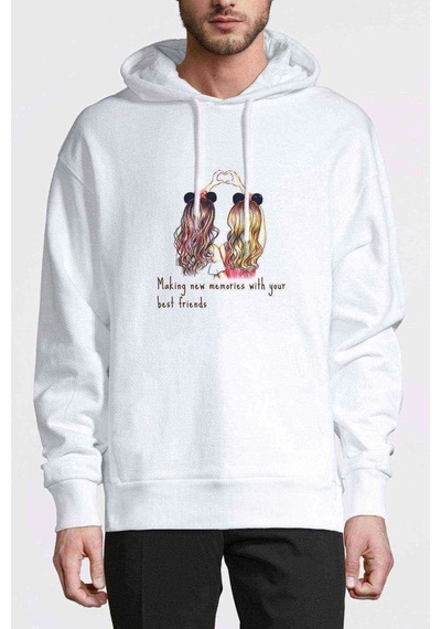 Best Friend Heart Baskılı Beyaz Erkek Örme Kapşonlu Sweatshirt